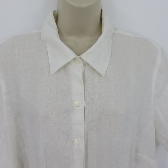 LL Bean Women Plus 1X Linen White Collar Short Sleeve Button Front Shirt Top - Picture 2 of 10